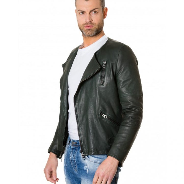 Green Colour Lamb Leather Jacket No Collar Perfecto