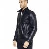 BLUE NAPPA LAMB LEATHER BIKER JACKET KOREAN COLLAR