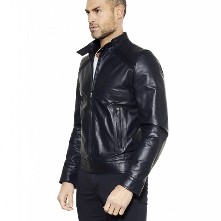 BLUE NAPPA LAMB LEATHER BIKER JACKET KOREAN COLLAR