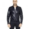 BLUE NAPPA LAMB LEATHER BIKER JACKET KOREAN COLLAR