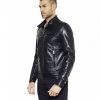 Blue Nappa Lamb Leather Jacket Four Pockets Korean Collar
