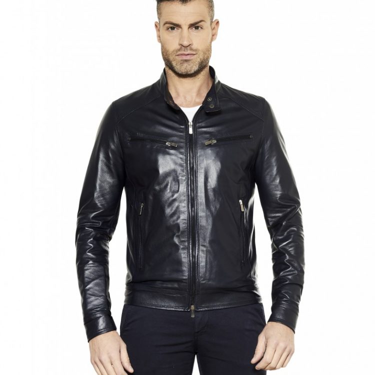 Blue Nappa Lamb Leather Jacket Four Pockets Korean Collar