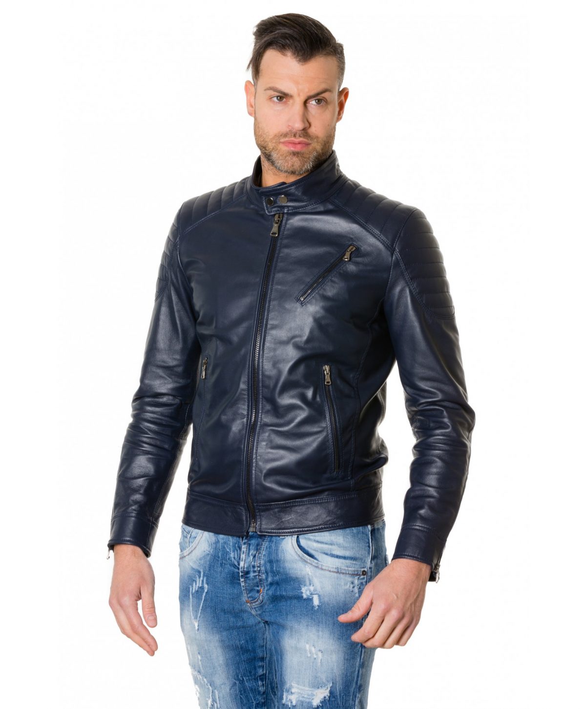 Blue Nappa Lamb Leather Biker Quilted Jacket