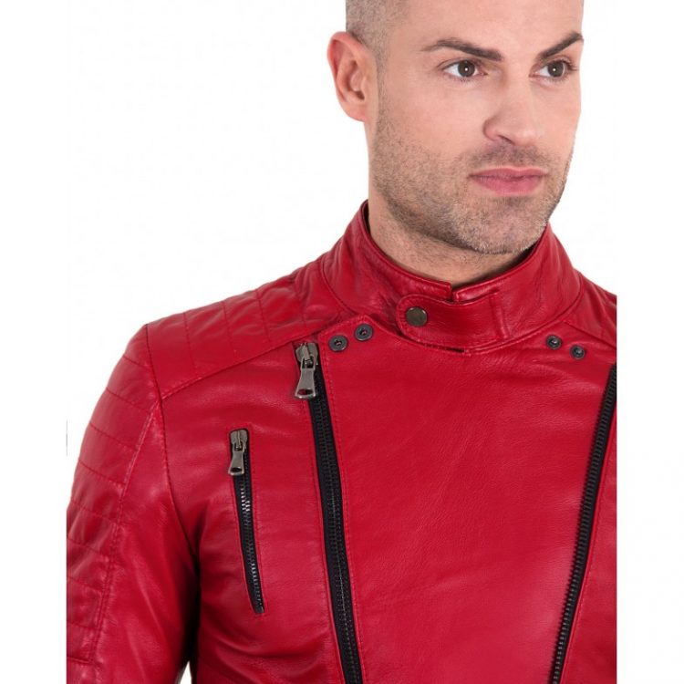 Red Color  Nappa Lamb Leather Biker Perfecto Jacket Smooth Effect