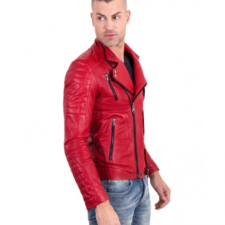 Red Color  Nappa Lamb Leather Biker Perfecto Jacket Smooth Effect