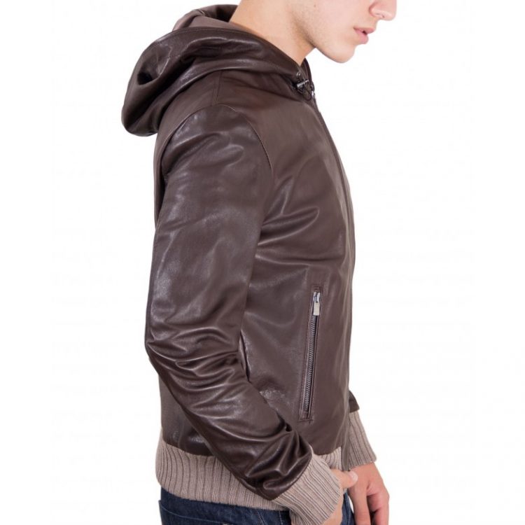 BROWN LAMB LEATHER HOODED BOMBER JACKET