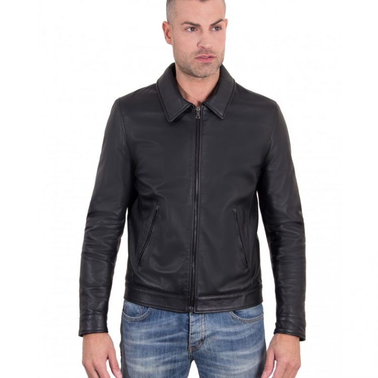 Black Color  Nappa Lamb Leather Jacket Shirt Collar