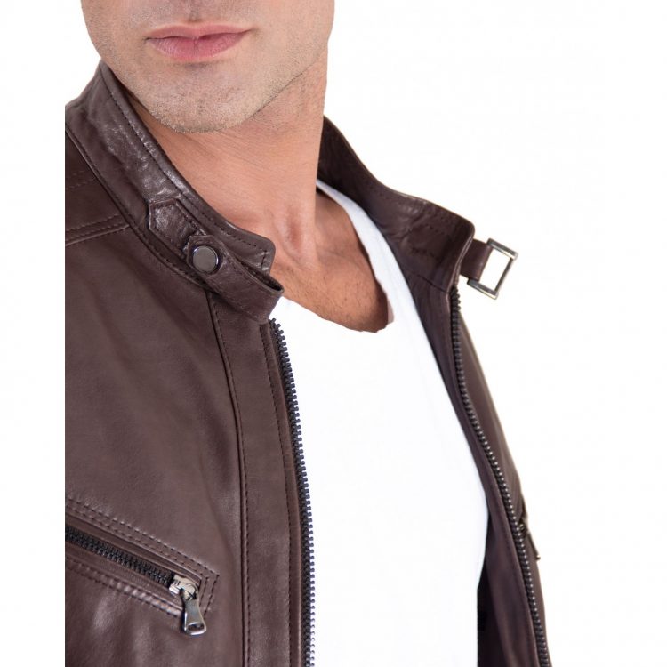 Brown Vintage Effect Lamb Quilted Leather Biker Jacket