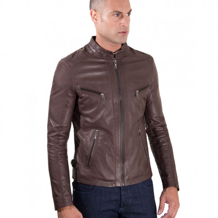 Brown Vintage Effect Lamb Quilted Leather Biker Jacket