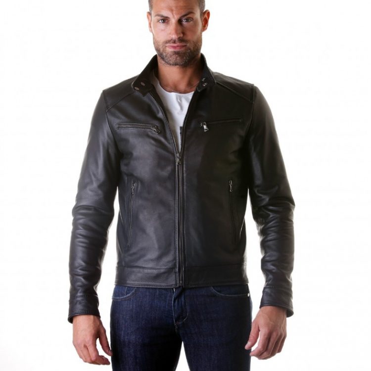 Black Nappa Lamb Leather Jacket Four Pockets korean Collar