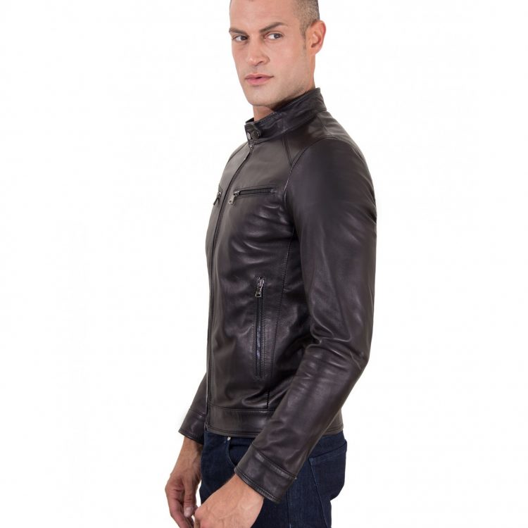 Black Nappa Lamb Leather Jacket Four Pockets korean Collar