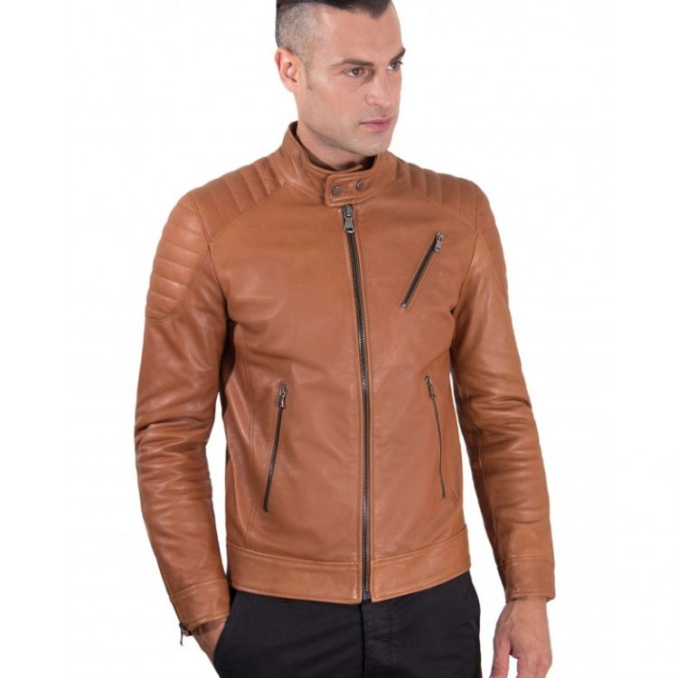 Tan Vintage Effect Lamb Leather Biker Quilted Jacket