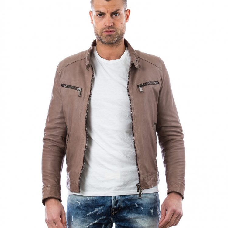 Grey Vintage Effect Lamb Leather Jacket Four Pockets Korean Collar