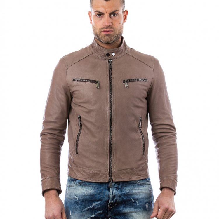 Grey Vintage Effect Lamb Leather Jacket Four Pockets Korean Collar