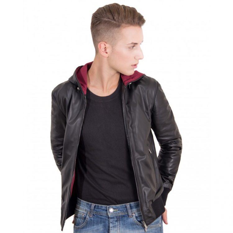 Black Lamb Leather Hooded Bomber Jacket