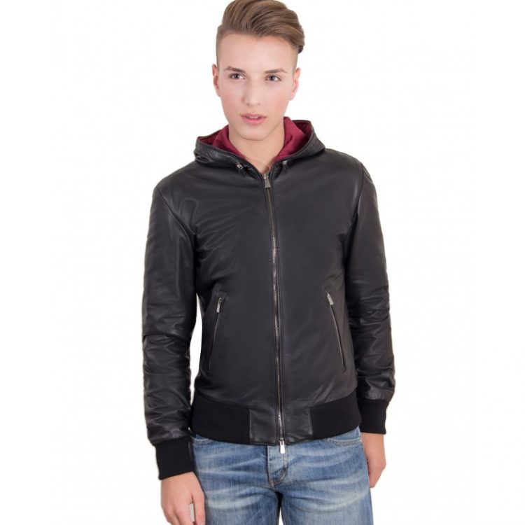 Black Lamb Leather Hooded Bomber Jacket