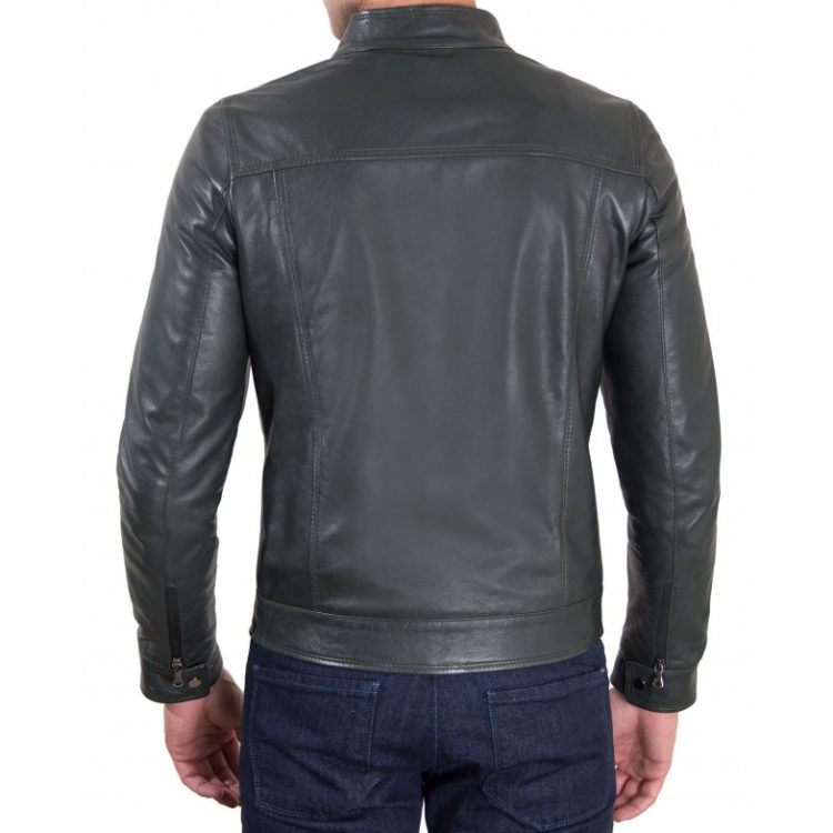 Green Vintage Effect Lamb Leather Jacket Four Pockets korean Collar