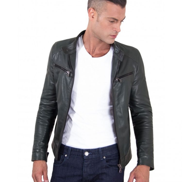 Green Vintage Effect Lamb Leather Jacket Four Pockets korean Collar