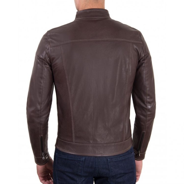 Brown Vintage Effect Lamb Leather Jacket Four Pockets korean Collar