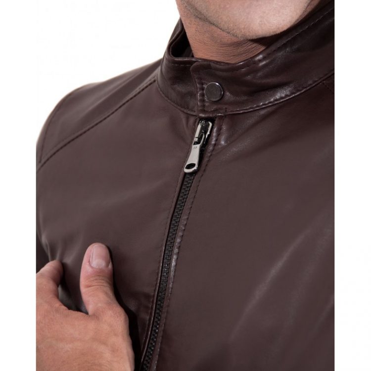 BROWN VINTAGE EFFECT LAMB LEATHER JACKET KOREAN COLLAR