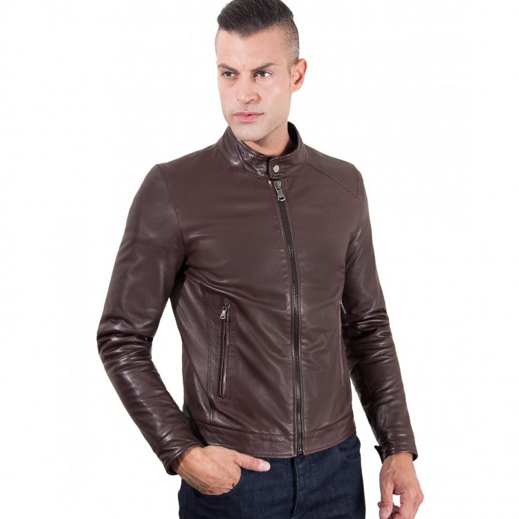 BROWN VINTAGE EFFECT LAMB LEATHER JACKET KOREAN COLLAR