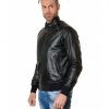 Black Colour Leather Bomber Jacket Smooth Aspect