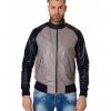 Grey/Blue Colour Leather Bomber Jacket Smooth Aspect