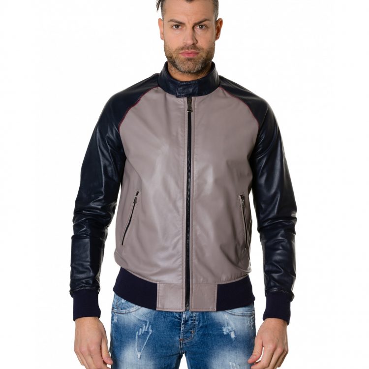 Grey/Blue Colour Leather Bomber Jacket Smooth Aspect