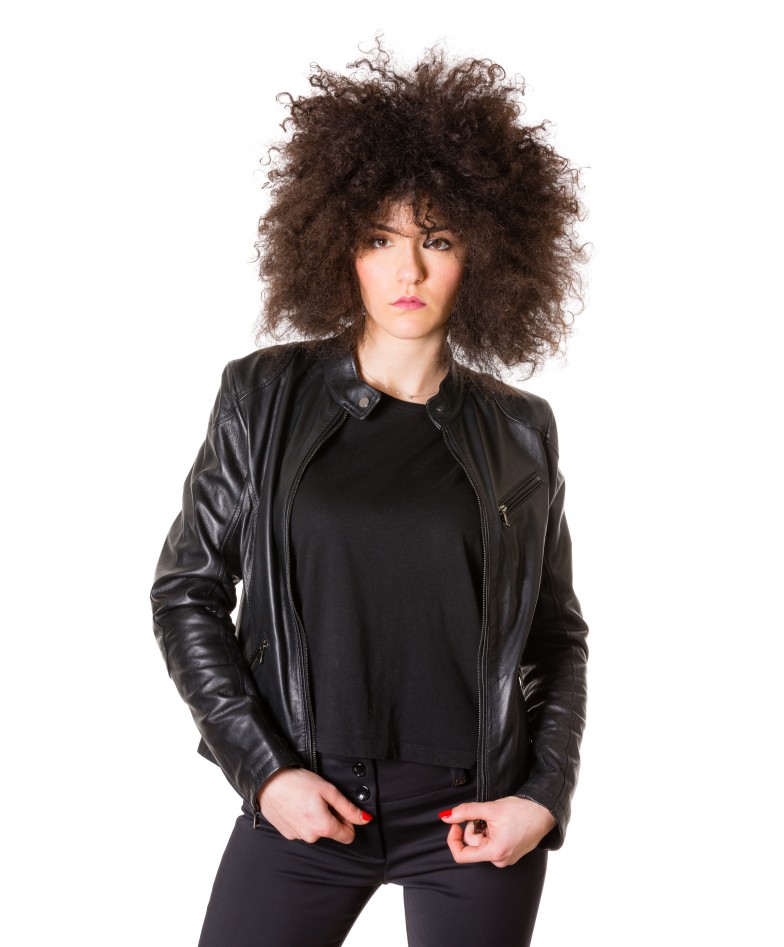 Black Color Nappa Lamb Biker Leather Jacket Smooth Effect