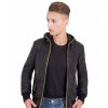 Black Color Nappa Lamb Leather Hooded Bomber Jacket