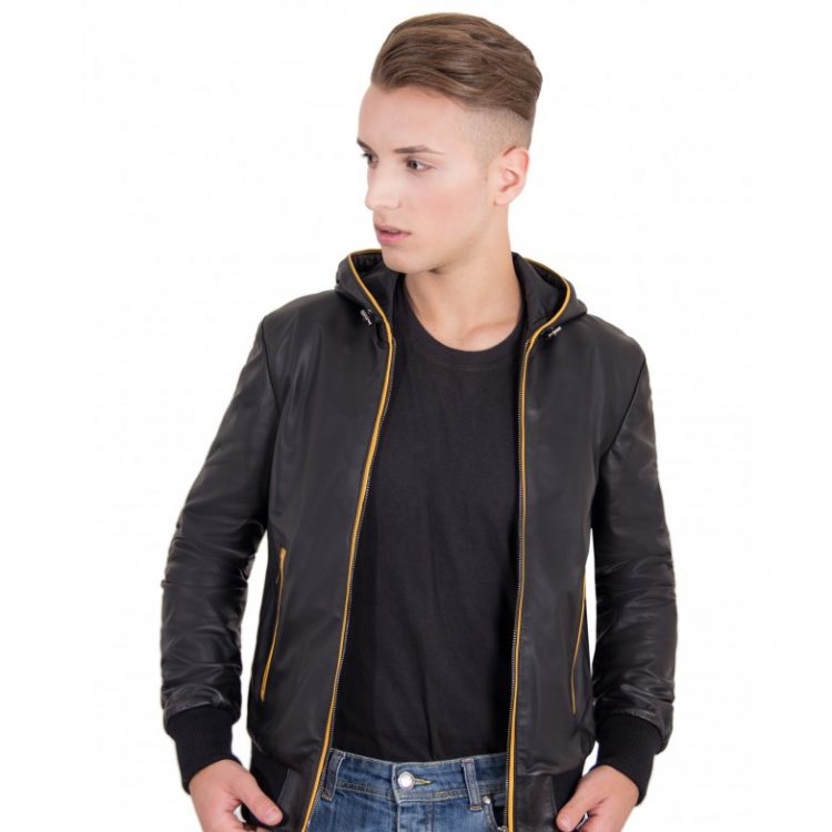 Black Color Nappa Lamb Leather Hooded Bomber Jacket