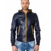 Blue/Yellow Colour Lamb Leather Hooded Jacket Smooth Aspect