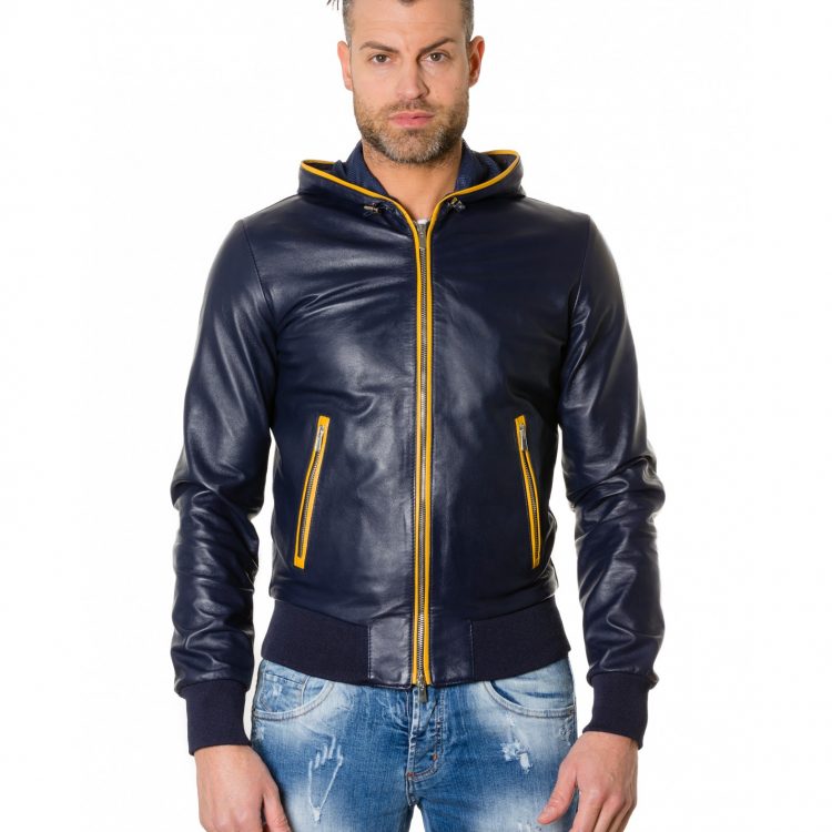 Blue/Yellow Colour Lamb Leather Hooded Jacket Smooth Aspect