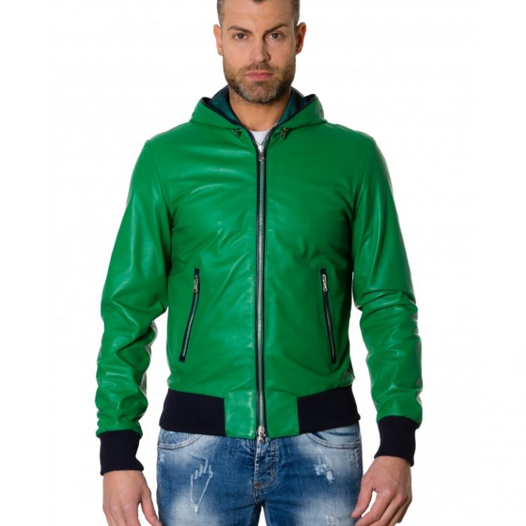 Green/Blue Colour - Lamb Leather Hooded Jacket Smooth Aspect