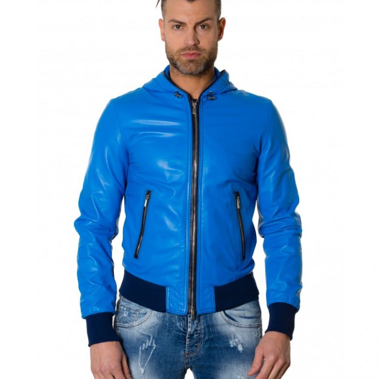 Light Blue Colour Lamb Leather Hooded Jacket Smooth Aspect