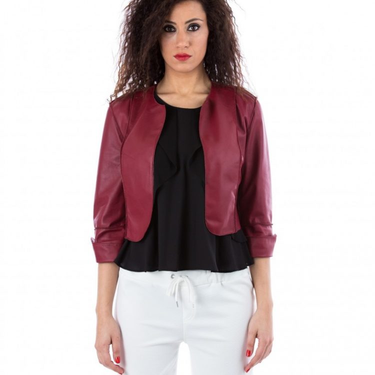 Red Color Nappa Lamb Leather Short Jacket Smooth Effect