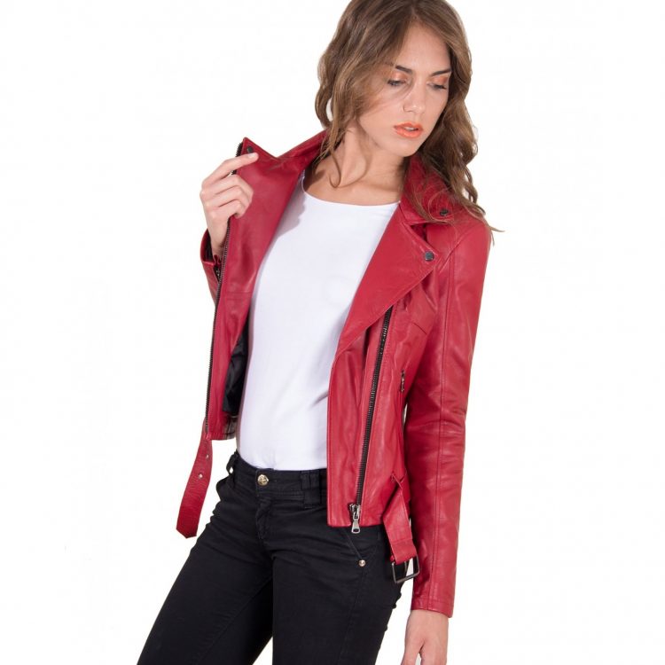 Red Color Nappa Lamb Leather Belted Jacket Smooth Effect