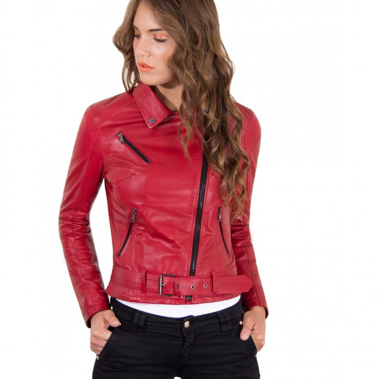 Red Color Nappa Lamb Leather Belted Jacket Smooth Effect