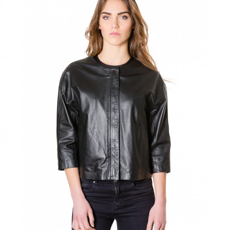 Black Colour Woman Lamb Leather Jacket Smooth Effect