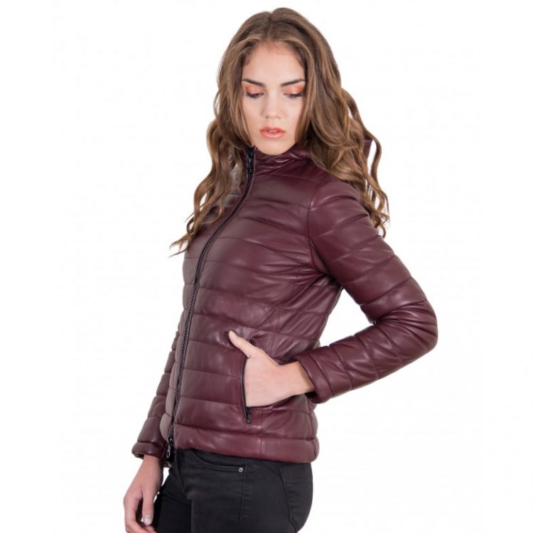 Red Purple Color Nappa Lamb Leather Down Jacket Smooth Effect