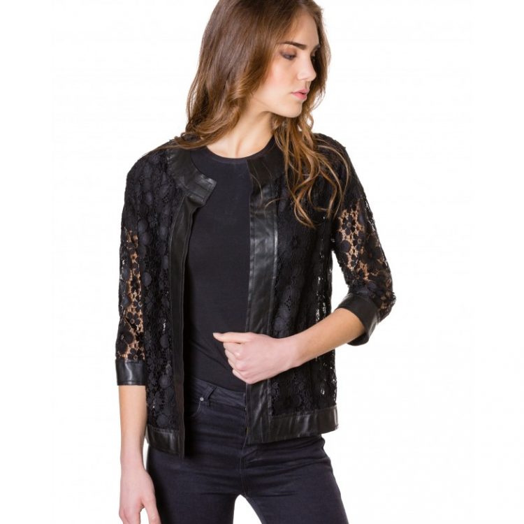 Black Colour Woman Lace Jacket With Leather Edges