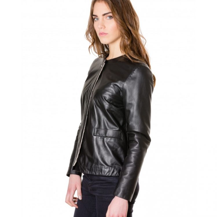 Black Colour Woman Lamb Leather Jacket Smooth Effect