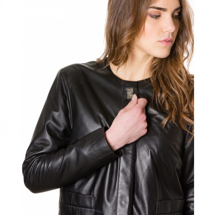 Black Colour Woman Lamb Leather Jacket Smooth Effect