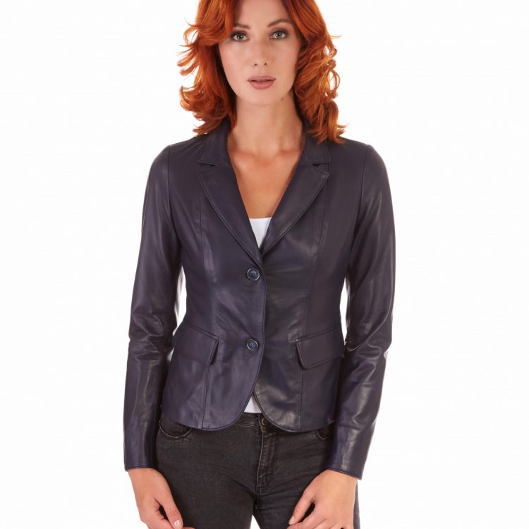 Blue Color Lamb Leather Two Buttons Jacket Smooth Effect