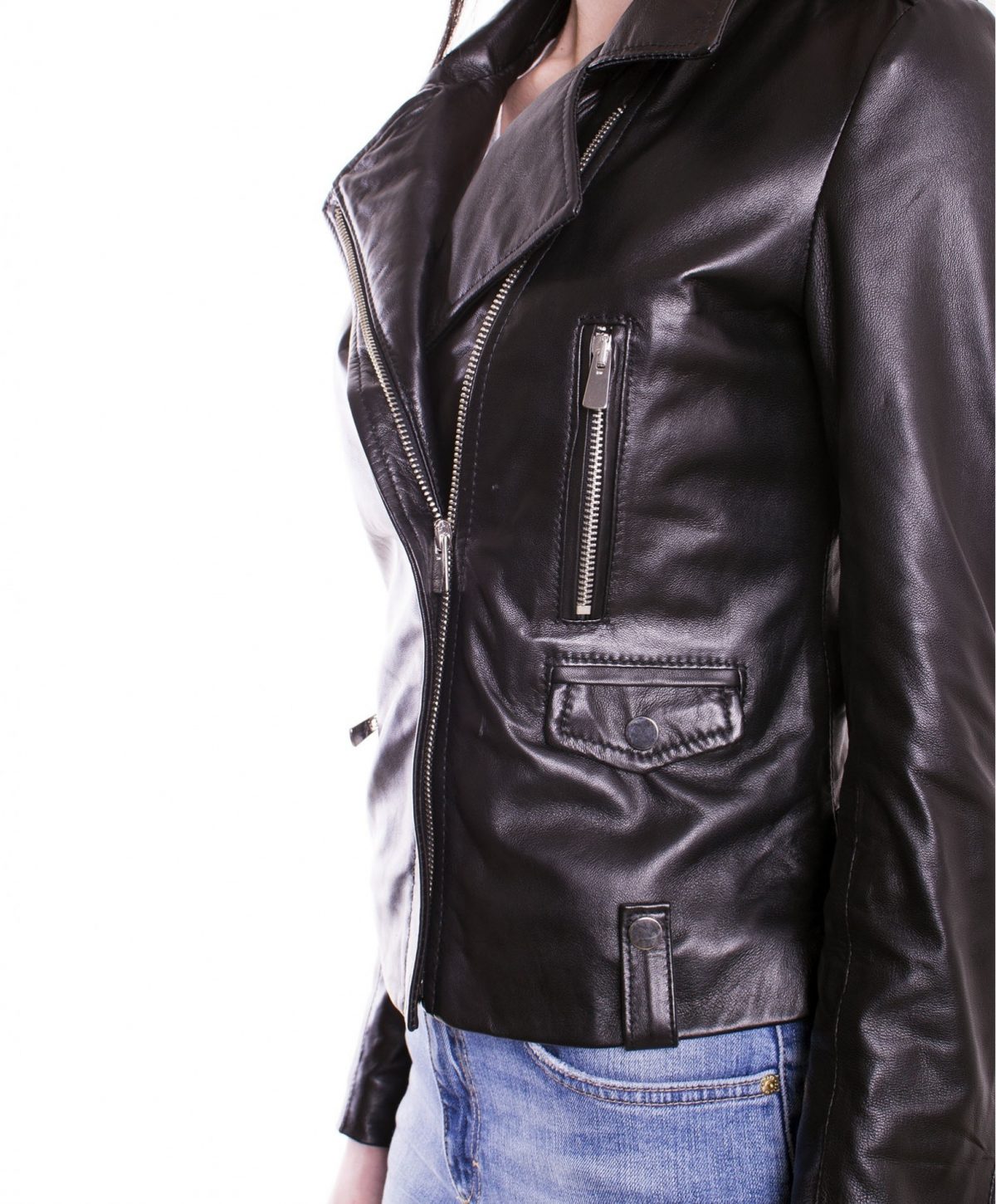 Black Color Lamb Leather Biker Jacket Smooth Effect