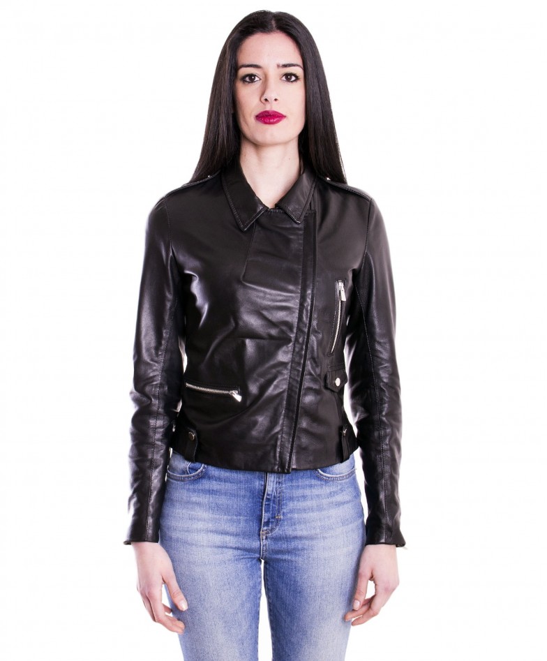 Black Color Lamb Leather Biker Jacket Smooth Effect