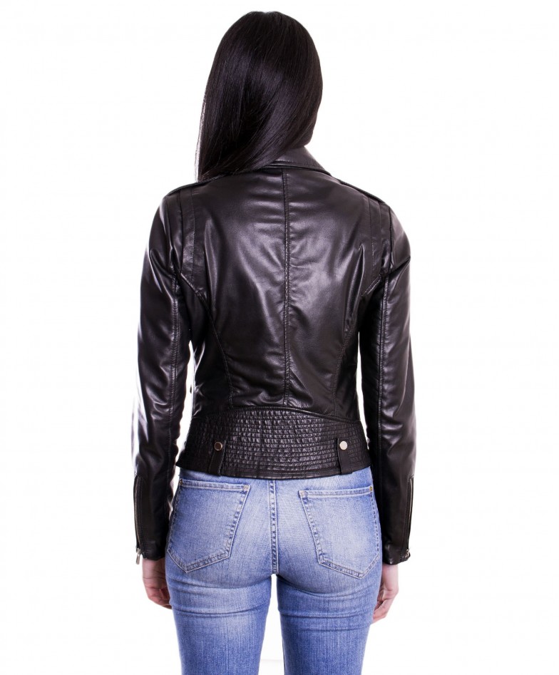 Black Color Lamb Leather Biker Jacket Smooth Effect
