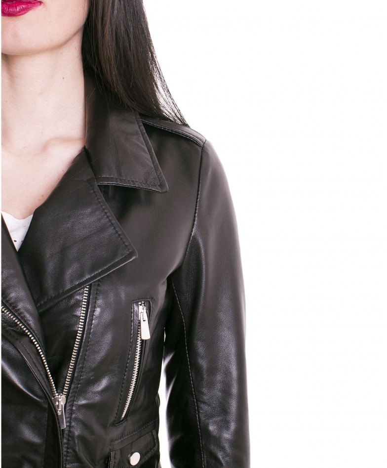 Black Color Lamb Leather Biker Jacket Smooth Effect