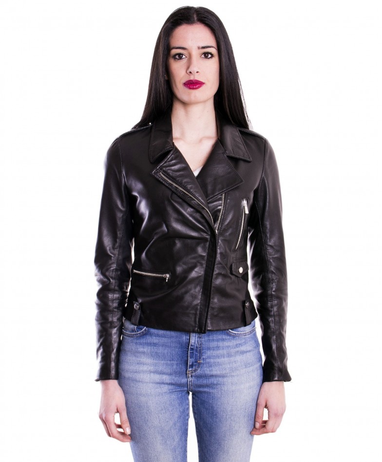 Black Color Lamb Leather Biker Jacket Smooth Effect