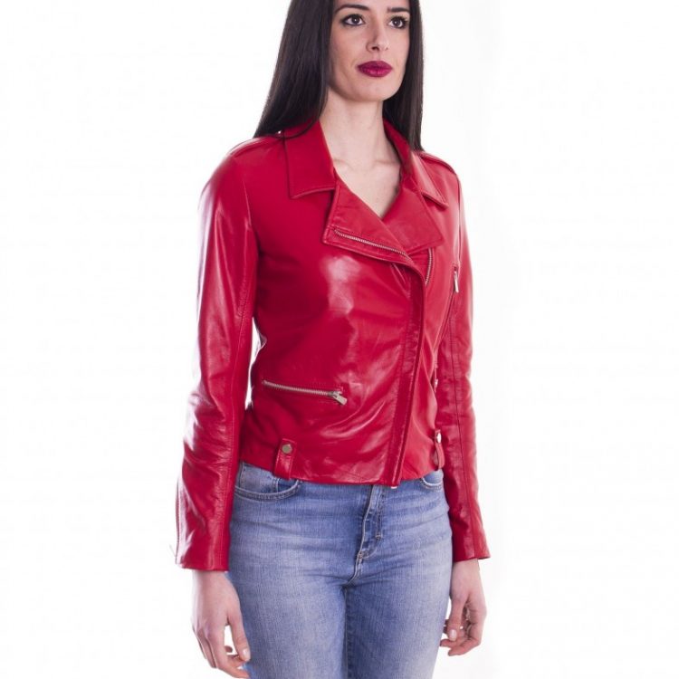 Red Color Lamb Leather Biker Jacket Smooth Effect